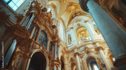 Interior of a grand cathedral with intricate carvings, a golden altar, and stained glass windows.