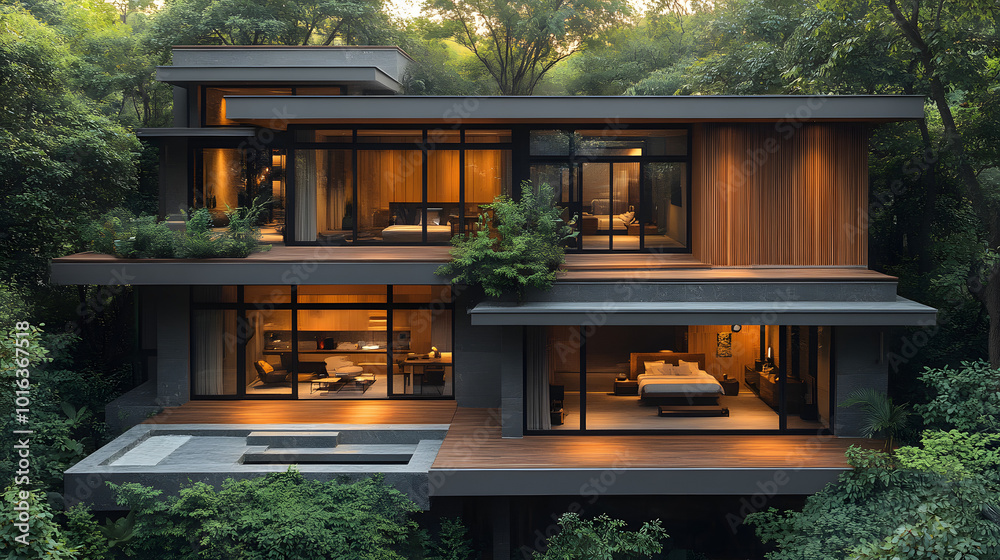 An aerial view of the floor plan for an architectural house, showcasing the layout and design elements that define modern living spaces. The detailed blueprint highlights various rooms, including the 