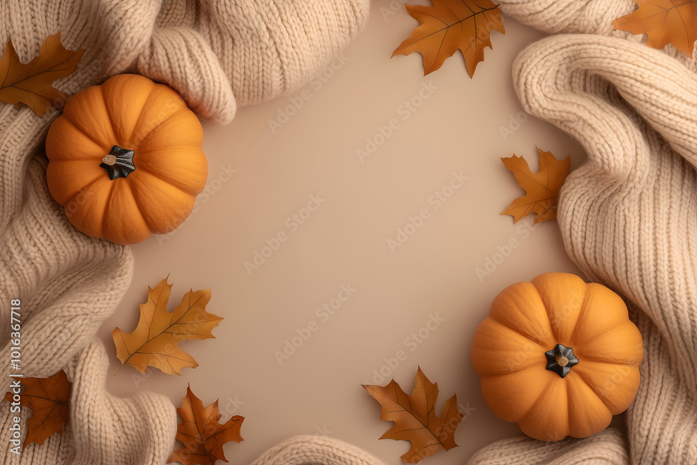 Obraz premium Autumn background with pumpkins, leaves and fabric