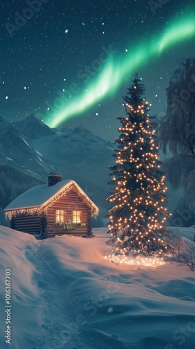A charming cabin nestled in the snow, adorned with warm lights, stands next to a decorated Christmas tree, illuminated by the shimmering northern lights in the sky