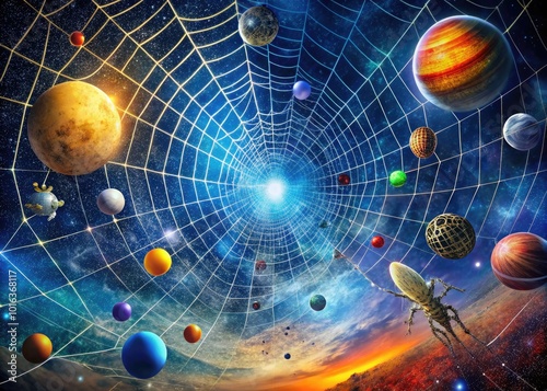 Stunning Galaxy View in Spider Web Formation with Solar Systems and Parallel Realities in 8K Quality photo