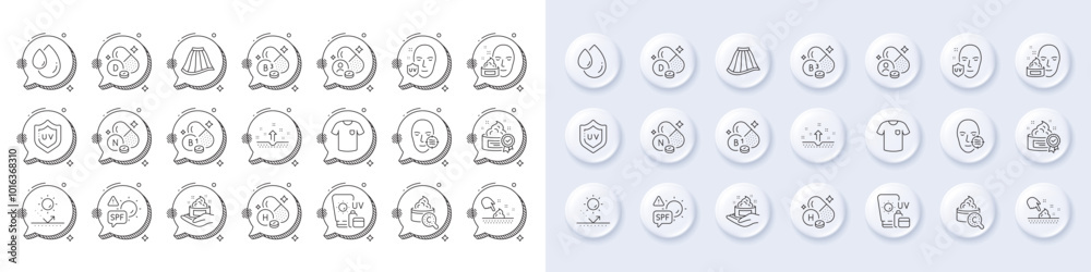 Face cream, Problem skin and Sunscreen line icons. White pin 3d buttons, chat bubbles icons. Pack of Skirt, Vitamin h, Vitamin d icon. Collagen skin, Uv protection, T-shirt pictogram. Vector Face cream, Problem skin and Sunscreen line icons. White pin 3d buttons, chat bubbles icons. Pack of Skirt, Vitamin h, Vitamin d icon. Collagen skin, Uv protection, T-shirt pictogram. Vector
