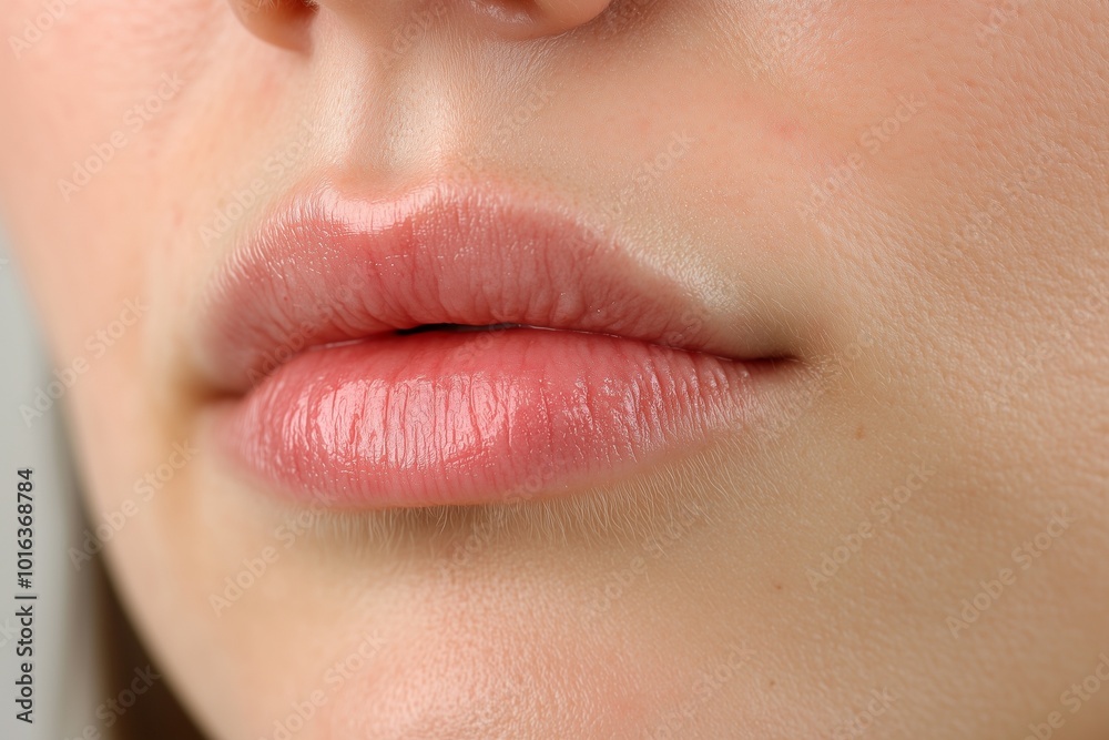 The patients lips shown immediately after a cosmetic injection procedure, highlighting the results of a beauty treatment for lip enhancement and anti aging effects The patients lips shown immediately after a cosmetic injection procedure, highlighting the results of a beauty treatment for lip enhancement and anti aging effects