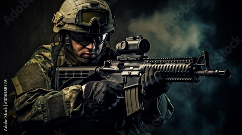 Portrait of a special forces soldier with machine gun. The concept of special military units. Neural network ai generated art