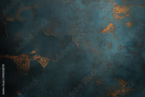 Textured abstract background with dark teal and copper tones, featuring cracks and irregular patterns, resembling aged or distressed metal surface. photo