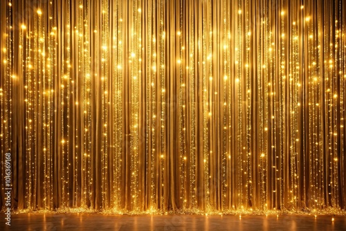 Ornate gold curtain with hanging lights