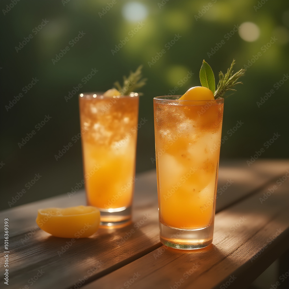 Two fruity cocktails are on a wooden table, fruits, the glass is stuck in a beautiful landscape as a close-up Two fruity cocktails are on a wooden table, fruits, the glass is stuck in a beautiful landscape as a close-up
