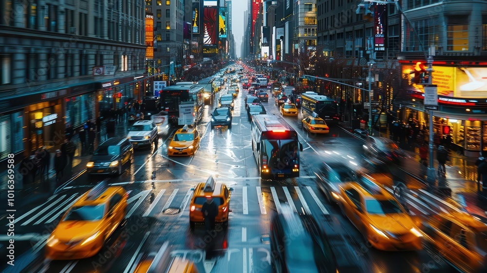 Fototapeta premium Bustling city streets filled with pedestrians and traffic, lively and energetic, Urban, Bright hues, Photograph, Urban hustle