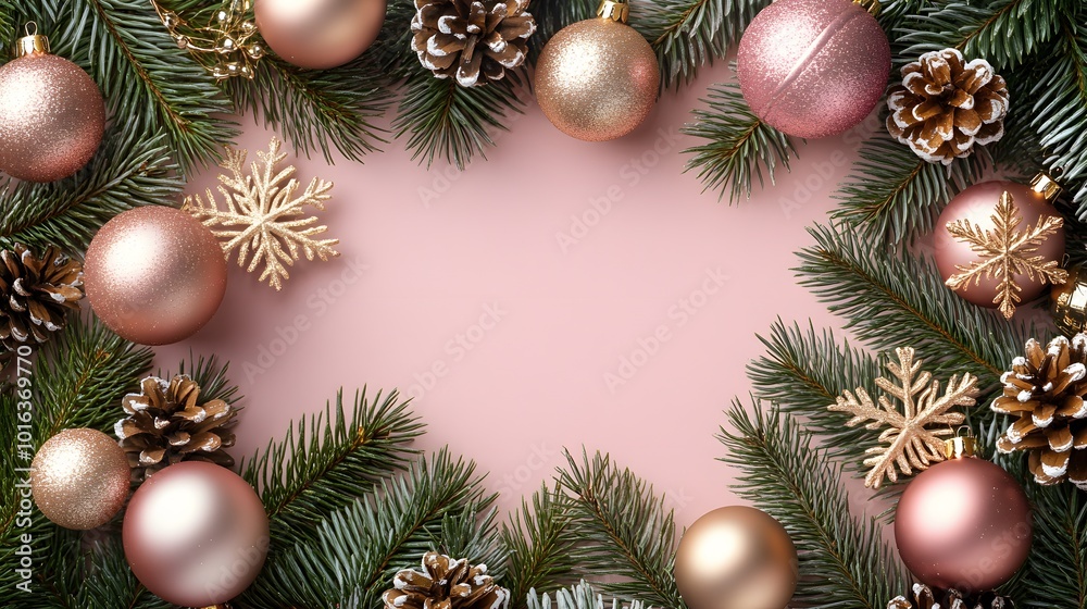 Christmas decorations are arranged with pine branches, pink and gold baubles, and snowflake ornaments on a pastel pink background, presenting a festive holiday theme in a minimalist style. Christmas decorations are arranged with pine branches, pink and gold baubles, and snowflake ornaments on a pastel pink background, presenting a festive holiday theme in a minimalist style.
