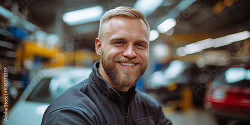 KFZ-Mechaniker in der Werkstatt im Portrait 