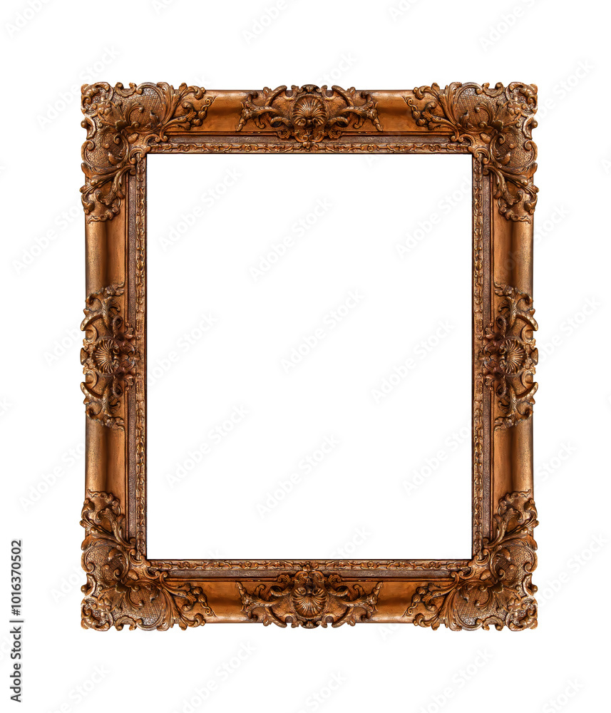 Antique golden picture frame isolated on white background.