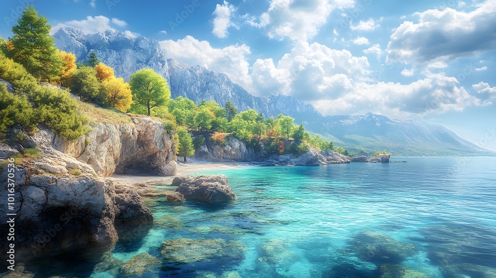 Fototapeta premium A stunning coastal seascape captures turquoise ocean water and rocky cliffs, with lush trees and distant mountains under a sunny sky, creating a panoramic vibrant landscape.