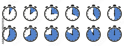 Time and clock icon set. Half past of the clock sign.Complete twelve hours pointed clockwise o'clock vector illustration. Analog wall clocks icons set.