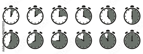 Time and clock icon set. Half past of the clock sign.Complete twelve hours pointed clockwise o'clock vector illustration. Analog wall clocks icons set.