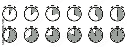Time and clock icon set. Half past of the clock sign.Complete twelve hours pointed clockwise o'clock vector illustration. Analog wall clocks icons set.