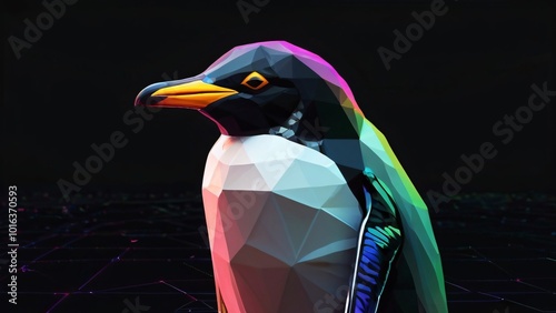 Low poly 3d image of low poly pinguin (proporsional body) black and white color neon theme floating in metaverse black background. Generative Ai. photo