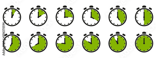 Time and clock icon set. Half past of the clock sign.Complete twelve hours pointed clockwise o'clock vector illustration. Analog wall clocks icons set.