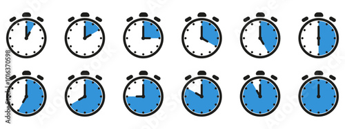 Time and clock icon set. Half past of the clock sign.Complete twelve hours pointed clockwise o'clock vector illustration. Analog wall clocks icons set.