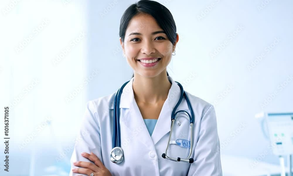 Portrait female doctor wearing medical uniform and stethoscope at hospital.Beautiful smiling young asian woman doctor isolated on white background.Doctor arms crossed wear white coat and stethoscope Portrait female doctor wearing medical uniform and stethoscope at hospital.Beautiful smiling young asian woman doctor isolated on white background.Doctor arms crossed wear white coat and stethoscope