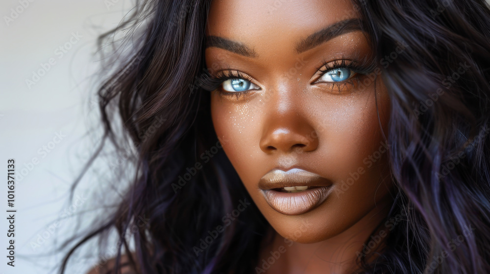 Portrait of a model with striking blue eyes and dark curly hair against a neutral background Portrait of a model with striking blue eyes and dark curly hair against a neutral background