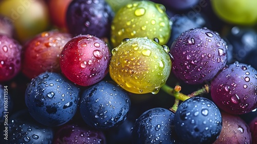 Wallpaper Mural Colorful grape varieties in macro photography reveal juicy red, green, and purple grapes adorned with water droplets, highlighting their freshness and organic texture in vibrant detail. Torontodigital.ca