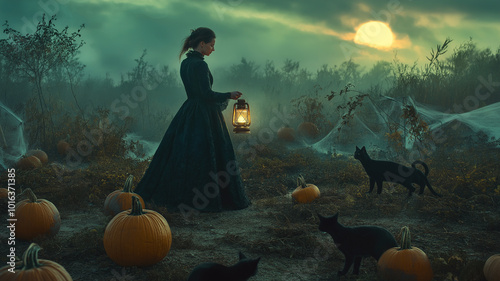 Mysterious Woman in Pumpkin Patch at Sunset