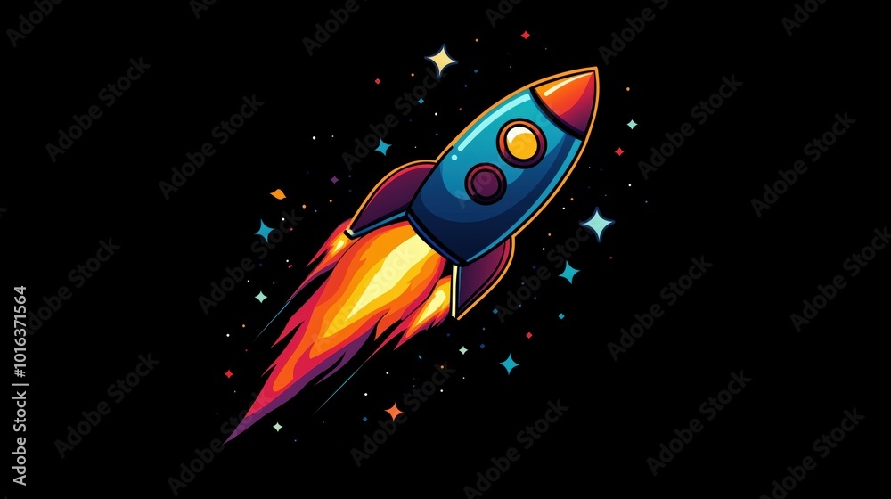 Rocket launching into space with colorful flames and stars Rocket launching into space with colorful flames and stars