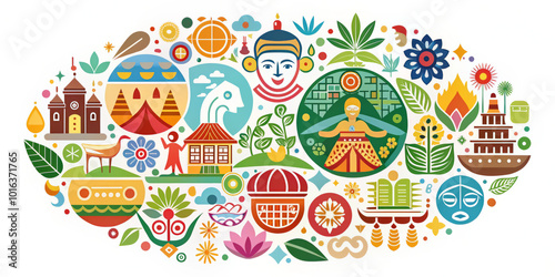 Colorful illustrations representing culture, nature, and tradition are beautifully arranged in vibrant collage. This design showcases various elements like landscapes, people, and symbols, evoking