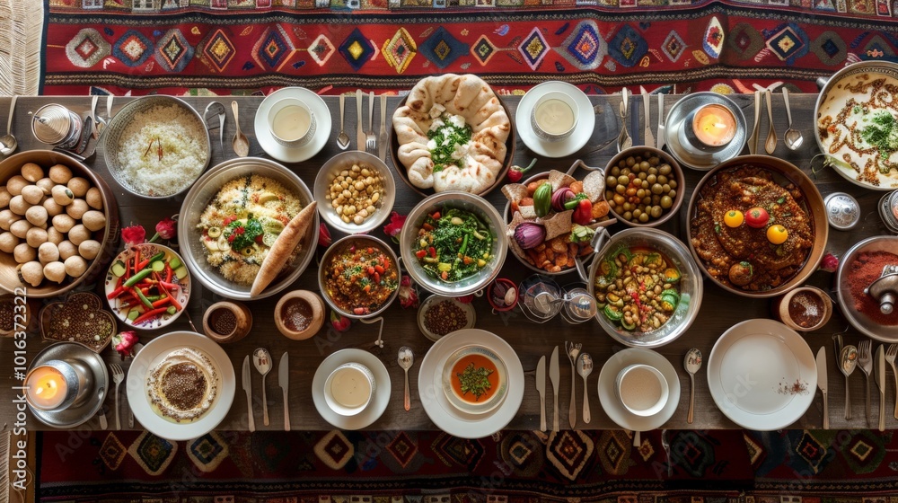 Traditional iftar meal spread on a low table with floor seating, emphasizing cultural customs Traditional iftar meal spread on a low table with floor seating, emphasizing cultural customs