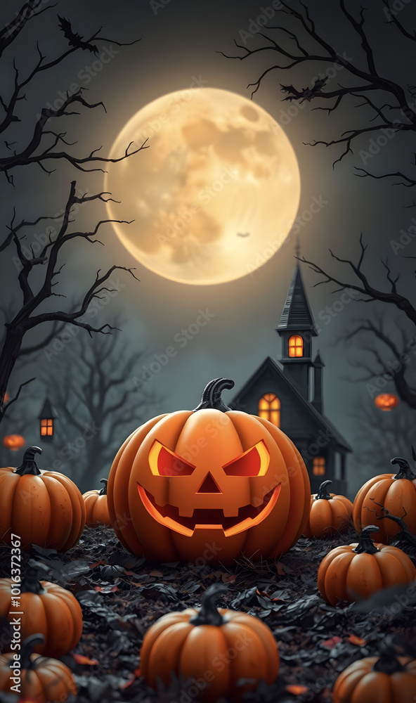 Halloween background with pumpkins and haunted house - 3D image. Halloween background with a sinister pumpkin. Dark and scary night forest. Halloween holiday banner concept. Halloween background with pumpkins and haunted house - 3D image. Halloween background with a sinister pumpkin. Dark and scary night forest. Halloween holiday banner concept.