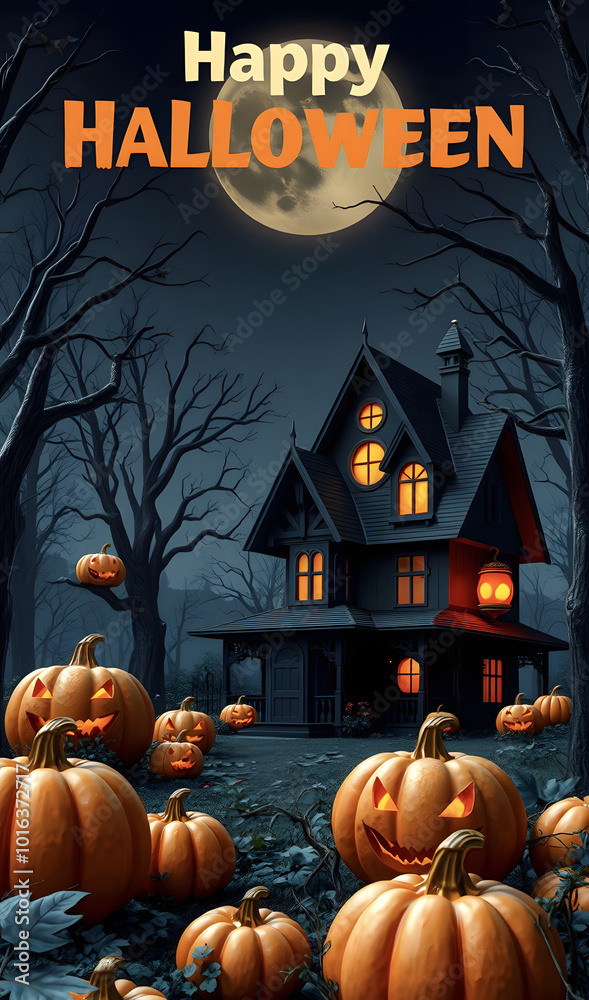 Fototapeta premium Halloween background with pumpkins and haunted house - 3D image. Halloween background with a sinister pumpkin. Dark and scary night forest. Halloween holiday banner concept.