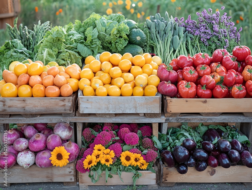 Fresh produce arranged by color on a wooden stand at a farmers market. Fresh produce arranged by color on a wooden stand at a farmers market.