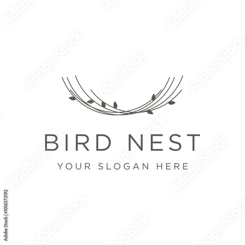 Simple bird's nest logo template design with twigs and leaves.