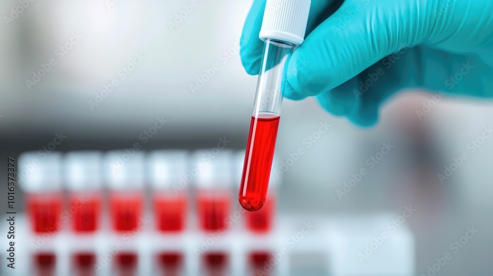 Close up of a medical sample being dropped into a glucose meter for diabetes testing and health diagnostics The red liquid sample is being carefully dispensed into the transparent device Close up of a medical sample being dropped into a glucose meter for diabetes testing and health diagnostics The red liquid sample is being carefully dispensed into the transparent device