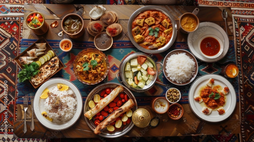 Traditional iftar meal spread on a low table with floor seating, emphasizing cultural customs Traditional iftar meal spread on a low table with floor seating, emphasizing cultural customs