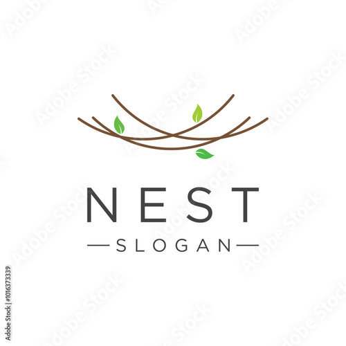 Simple bird's nest logo template design with twigs and leaves.