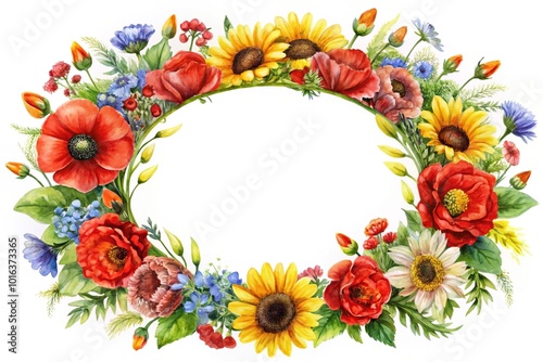 Oval frame with red yellow watercolor flowers and Ukrainian wreath