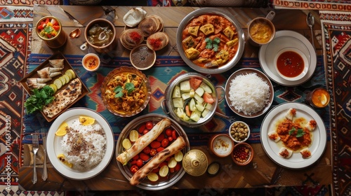 Wallpaper Mural Traditional iftar meal spread on a low table with floor seating, emphasizing cultural customs Torontodigital.ca