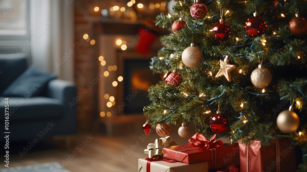 Christmas Tree with Ornaments and Gifts in a Cozy Living Room Christmas Tree with Ornaments and Gifts in a Cozy Living Room