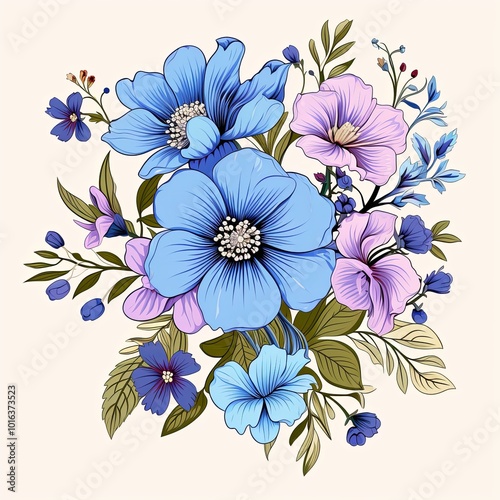 Bunch of blue and purple flowers on a white background. photo