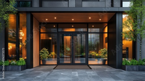 Modern building entrance with glass doors, wooden accents, and potted plants.