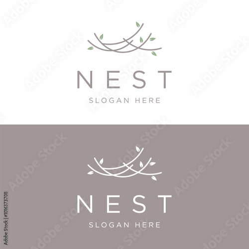 Simple bird's nest logo template design with twigs and leaves.