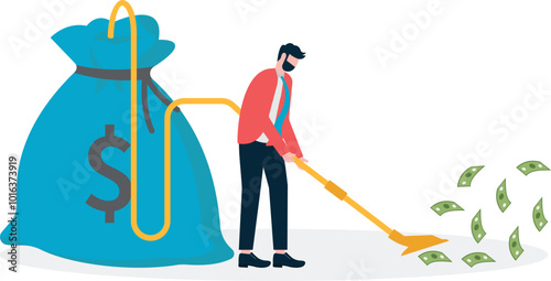 Conceptual illustration of making money and profit, businessman holding a vacuum cleaner and sucking money into the money bag

