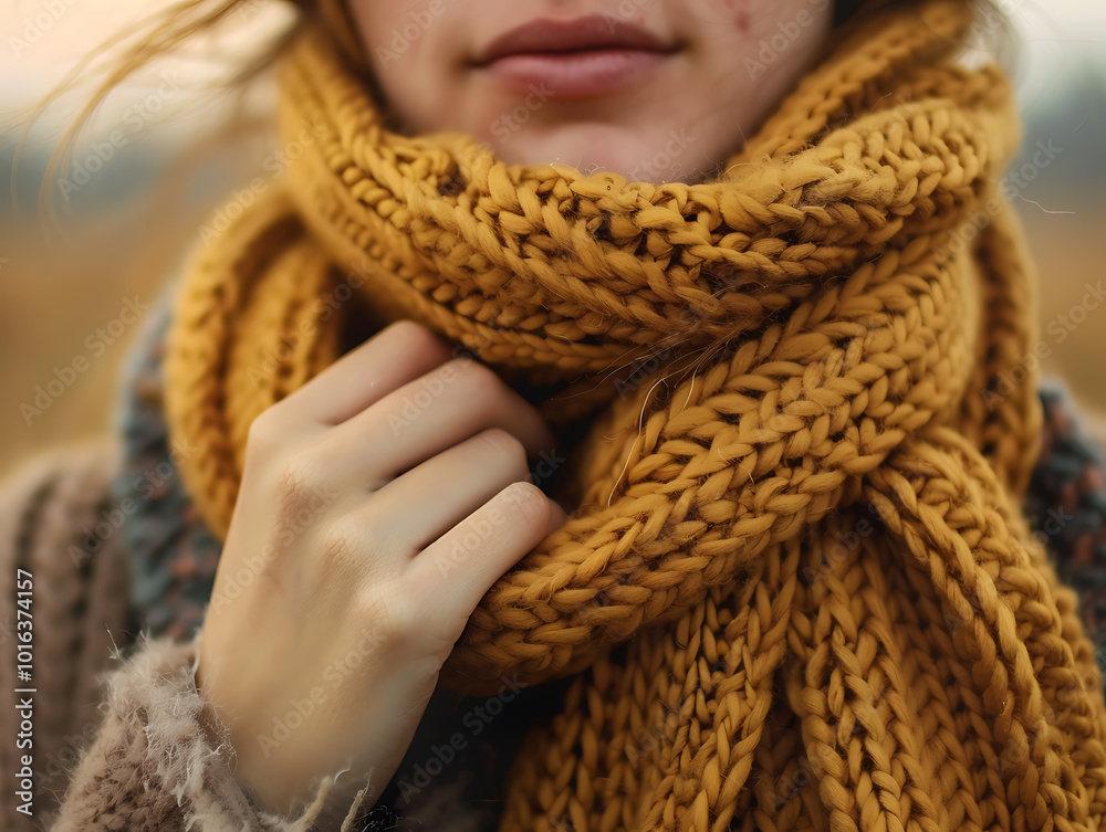 Stay Cozy on Winter Mornings - Close-up of Person Adjusting Knit Scarf for Warmth Stay Cozy on Winter Mornings - Close-up of Person Adjusting Knit Scarf for Warmth