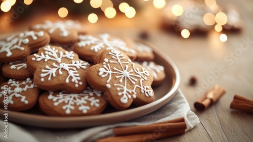 Warm holiday atmosphere with iced gingerbread cookies on a wooden table, glowing fairy lights, and cozy Christmas decor in soft warm tones. Christmas