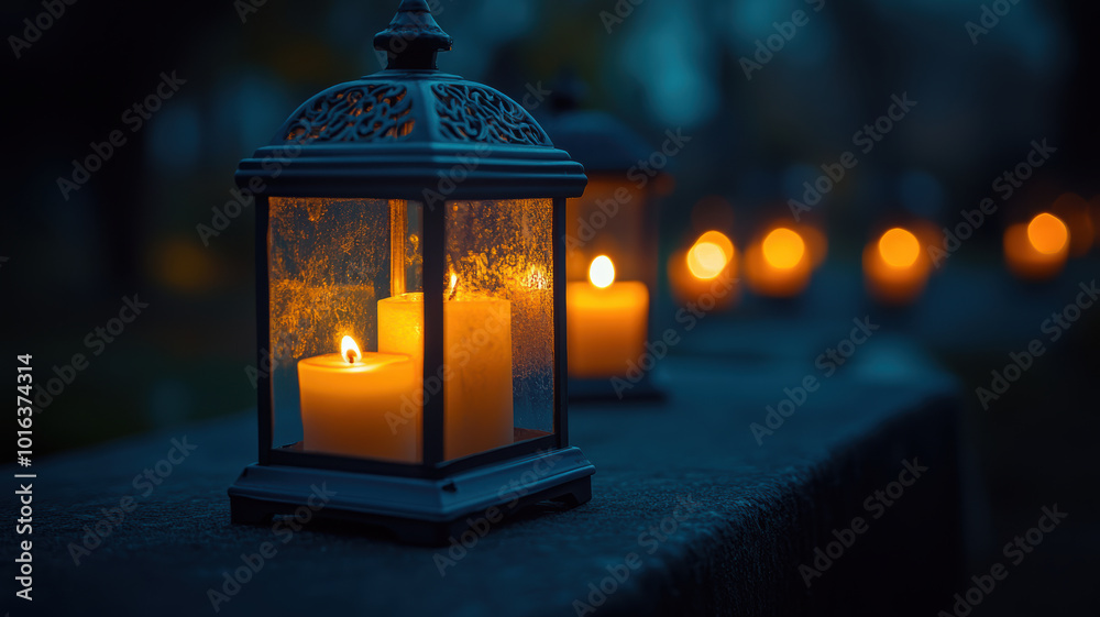 Lanterns with Burning Candles on the Cemetery Ground Lanterns with Burning Candles on the Cemetery Ground