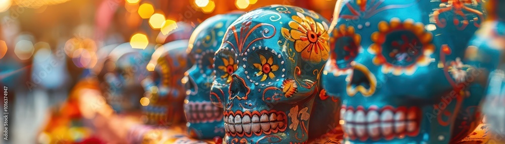 Fototapeta premium Day of the Dead Dia de Muertos altars with sugar skulls, cultural and colorful, Urban, Bright hues, Photograph, Cultural heritage