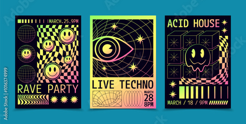 Retro Psychedelic Party Posters with Neon Colors