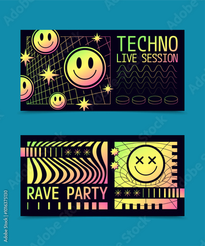 Techno Party Banners with Smiley Faces and Abstract Patterns
