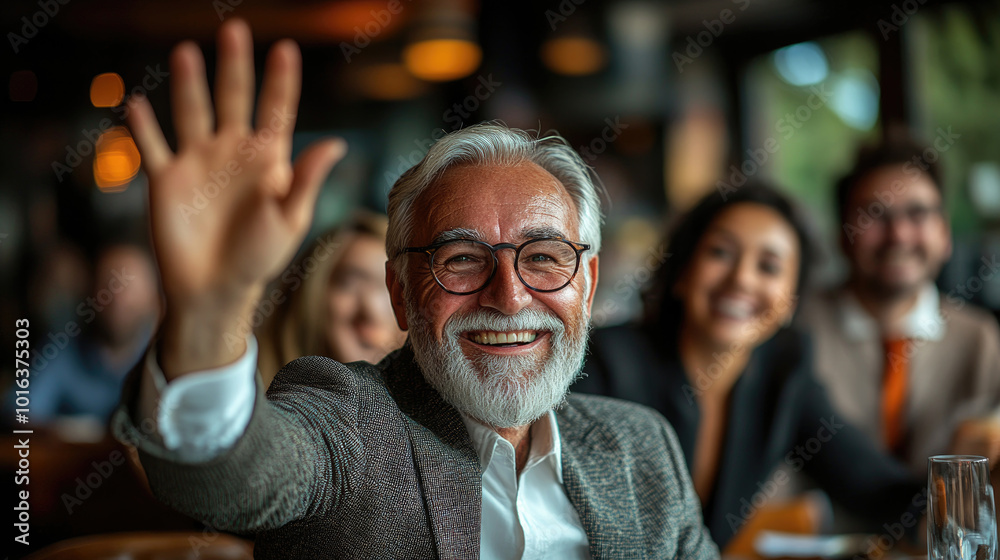 An elderly man smiles brightly and waves enthusiastically, enjoying the company of friends at a busy restaurant during an evening event An elderly man smiles brightly and waves enthusiastically, enjoying the company of friends at a busy restaurant during an evening event